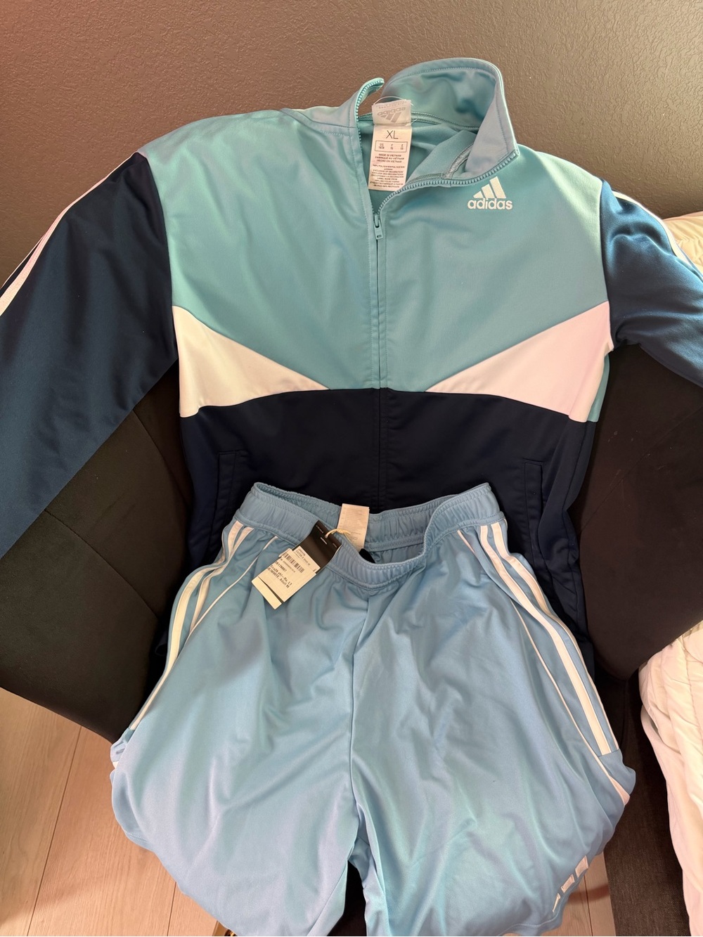 adidas Kids Light Blue, Navy & White Track Jacket and Shorts Set